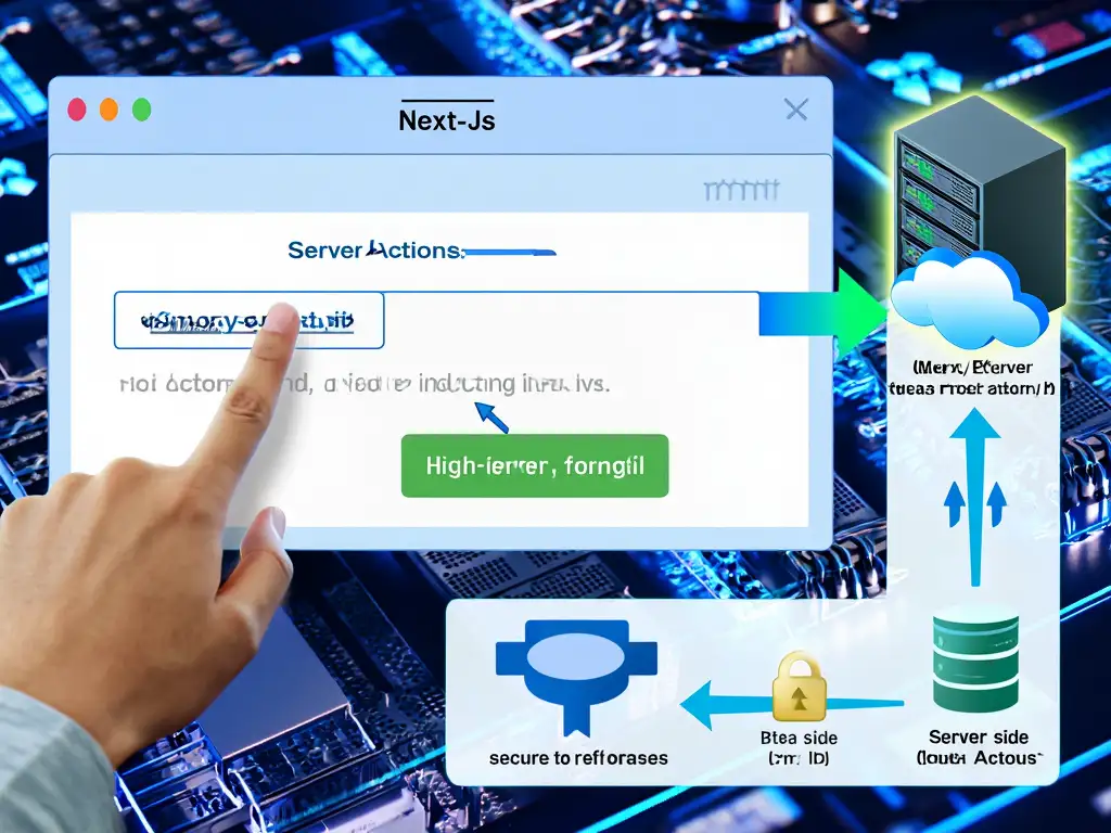 사용자 입력이 서버에서 안전하게 처리되어 데이터베이스로 전달되는 Next.js Server Actions 개념 이미지.
