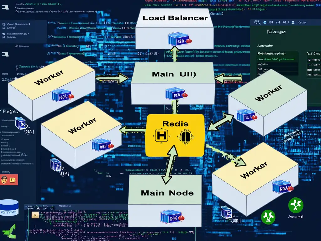 Queue Mode와 Redis 기반의 메인-워커 클러스터, 로드밸런서 및 Docker 환경을 보여주는 HA 구성 다이어그램 이미지