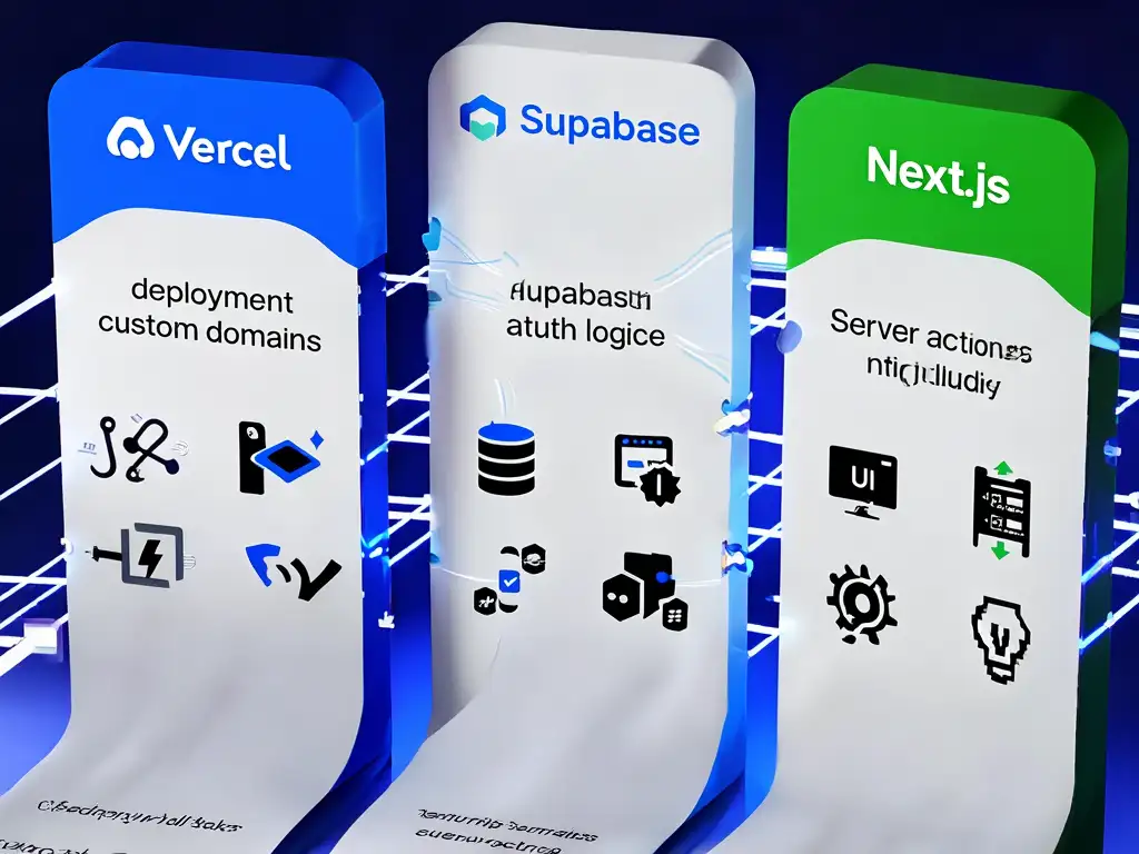 Vercel, Supabase, Next.js가 각각의 역할을 담당하며 강력한 풀스택 애플리케이션을 구축하는 모습을 시각적으로 보여주는 이미지.