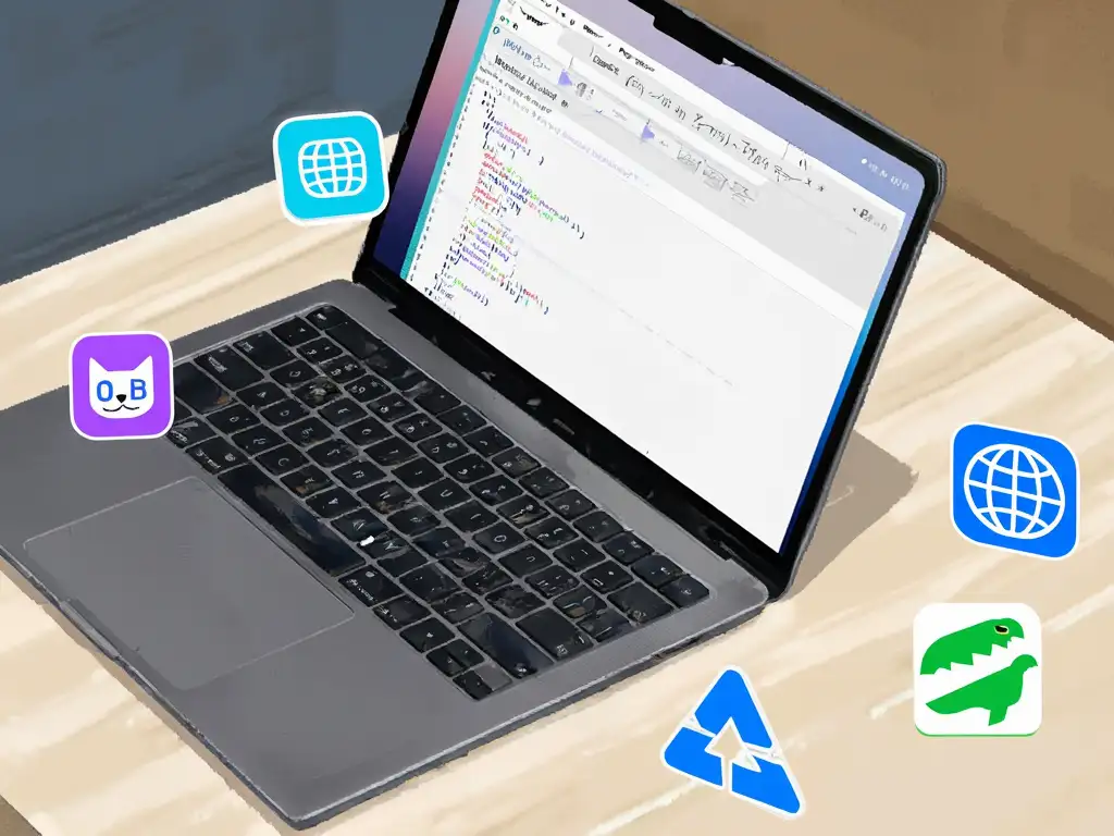 Next.js 프로젝트가 열린 노트북과 GitHub, Vercel, Supabase, 도메인 아이콘이 준비물처럼 놓여있는 개발자의 책상 이미지.
