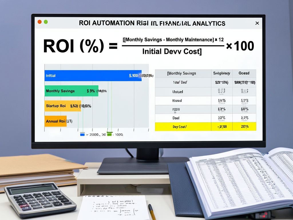 파이썬 자동화의 ROI 계산을 보여주는 대시보드 클로즈업. 공식과 표, 그래프가 명확히 보이며 계산 예시가 포함됨