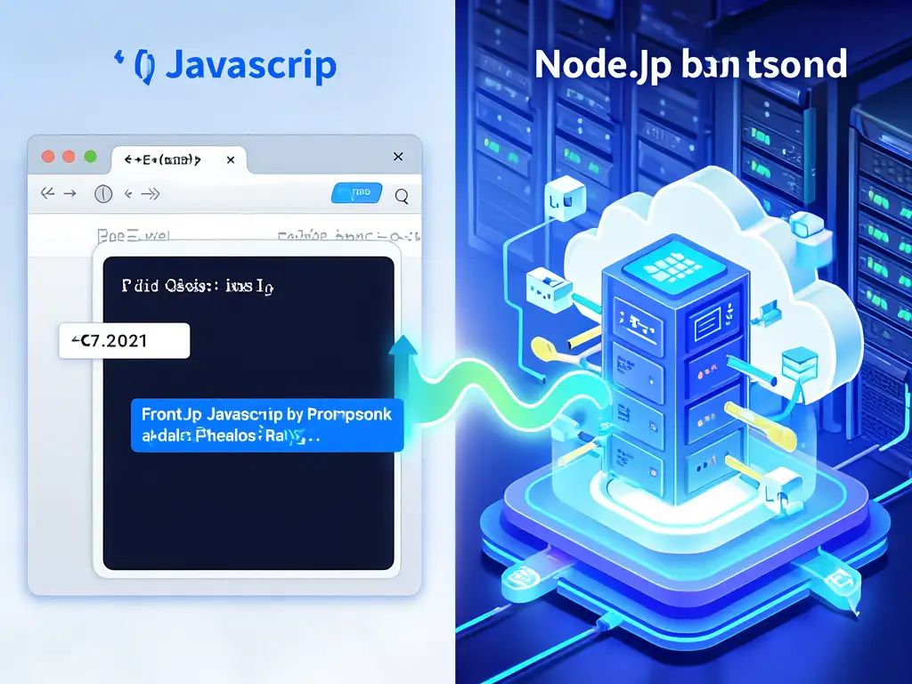 브라우저 환경의 프론트엔드와 서버 환경의 Node.js 백엔드를 시각적으로 대비시킨 이미지. 같은 자바스크립트가 다른 곳에서 작동함을 보여준다.