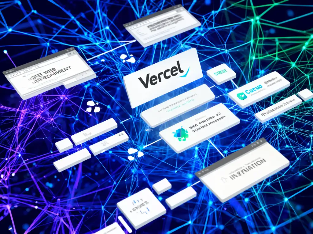 미래 지향적인 웹 개발 환경과 Vercel, AI 기술의 융합을 상징하는 이미지.