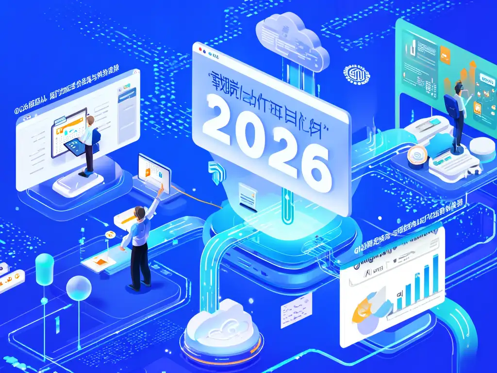 2026년 주요 자동화 기술 트렌드(AI, 클라우드, 로우코드)와 미래 기업 환경을 보여주는 혁신적인 이미지