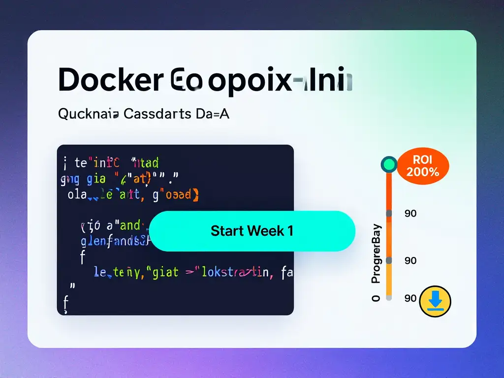 Docker-compose 코드 카드와 'Start Week 1' 버튼, 0→90일 타임라인과 ROI 200% 배지가 포함된 콜투액션 이미지