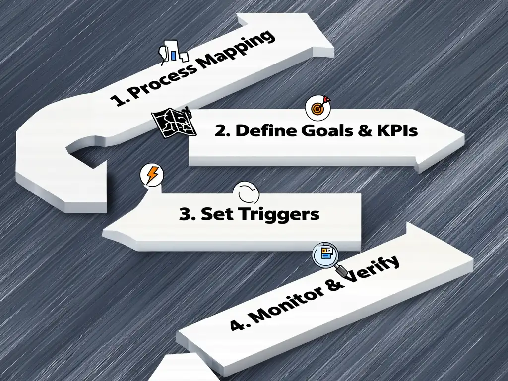 워크플로우 자동화 KPI 설정의 4단계(프로세스 매핑, 목표 정의, 트리거 설정, 모니터링)를 나타내는 단계별 가이드 이미지