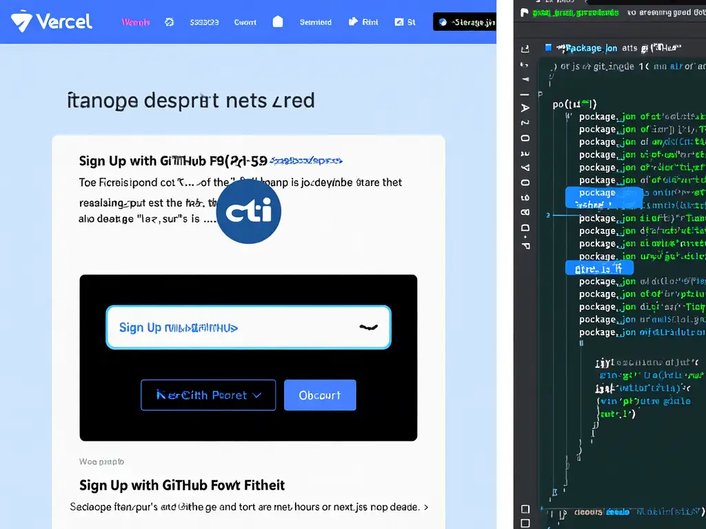 Vercel 회원가입 페이지 (GitHub 강조)와 잘 준비된 Next.js 프로젝트 폴더 구조를 보여주는 분할 화면.