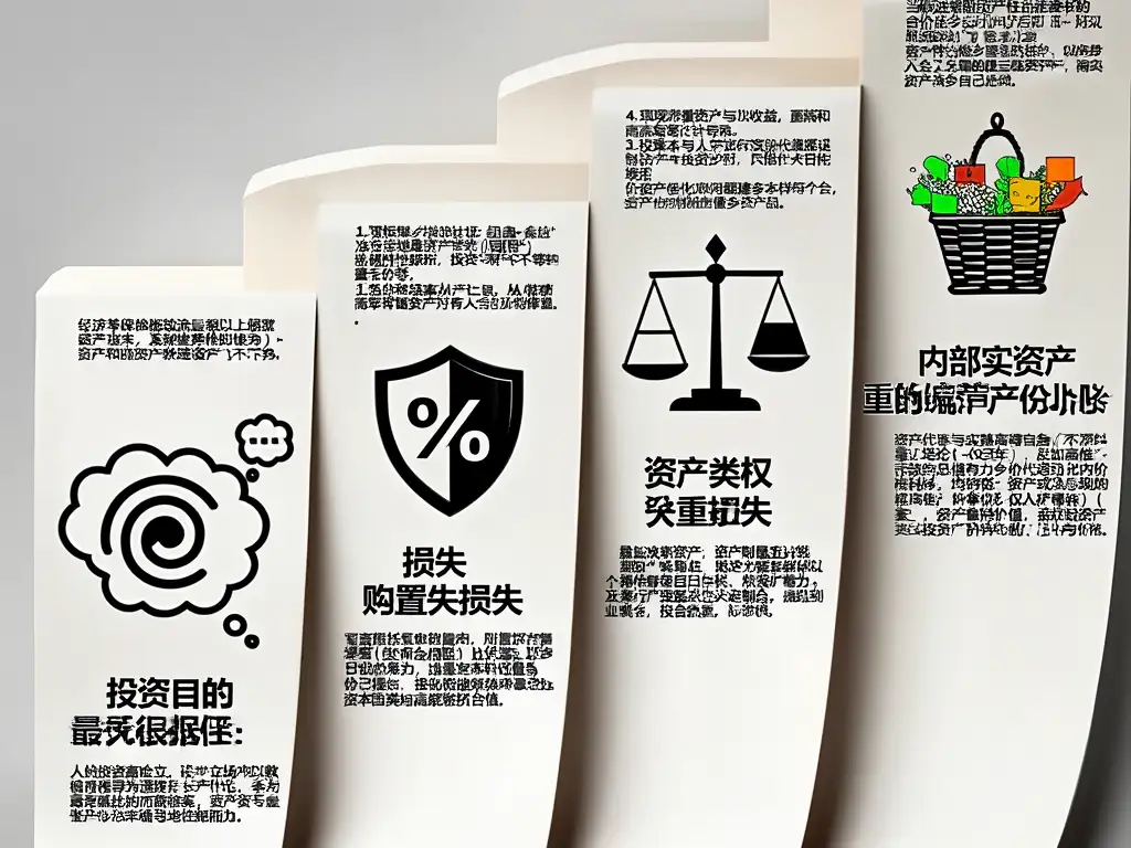 투자 목표 설정, 손실 감내 한도, 자산군별 비중, 실물자산 내 분산 등 체계적인 자산 배분 전략 설계 단계를 시각화한 이미지.