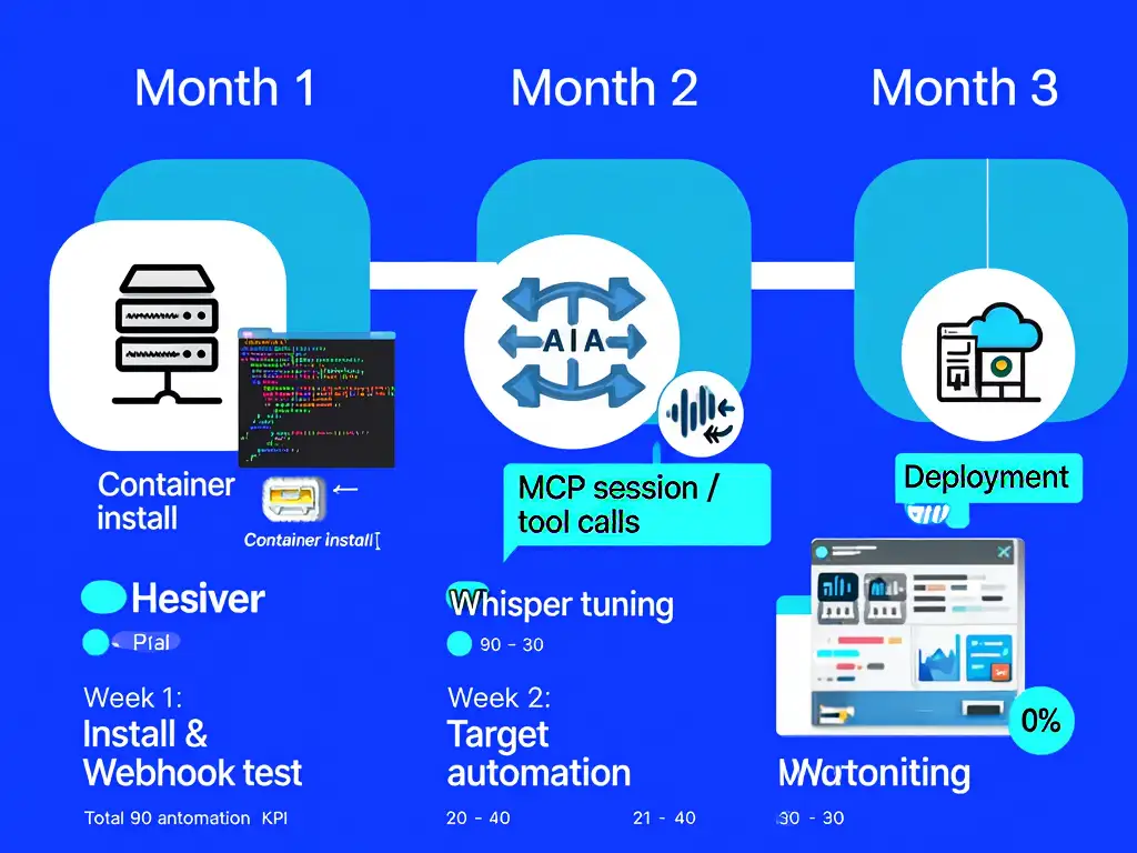 주간·월간으로 나뉜 3개월 로드맵 타임라인 인포그래픽: Month1 Docker 설치, Month2 MCP·Whisper, Month3 배포·모니터링이 표시된 이미지