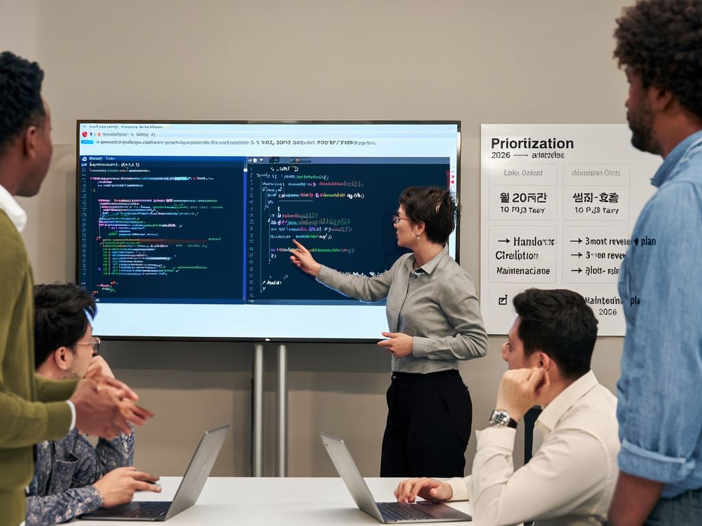 2026년 실전 팁과 도입 체크리스트를 발표하는 회의 장면. AI 도구가 코드 제안을 보여주고 우선순위·롤아웃 체크리스트가 보임
