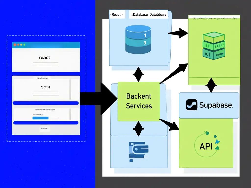 React UI와 Supabase의 백엔드 서비스(데이터베이스, 인증, API)가 명확히 분리되어 협력하는 모습을 보여주는 이미지.