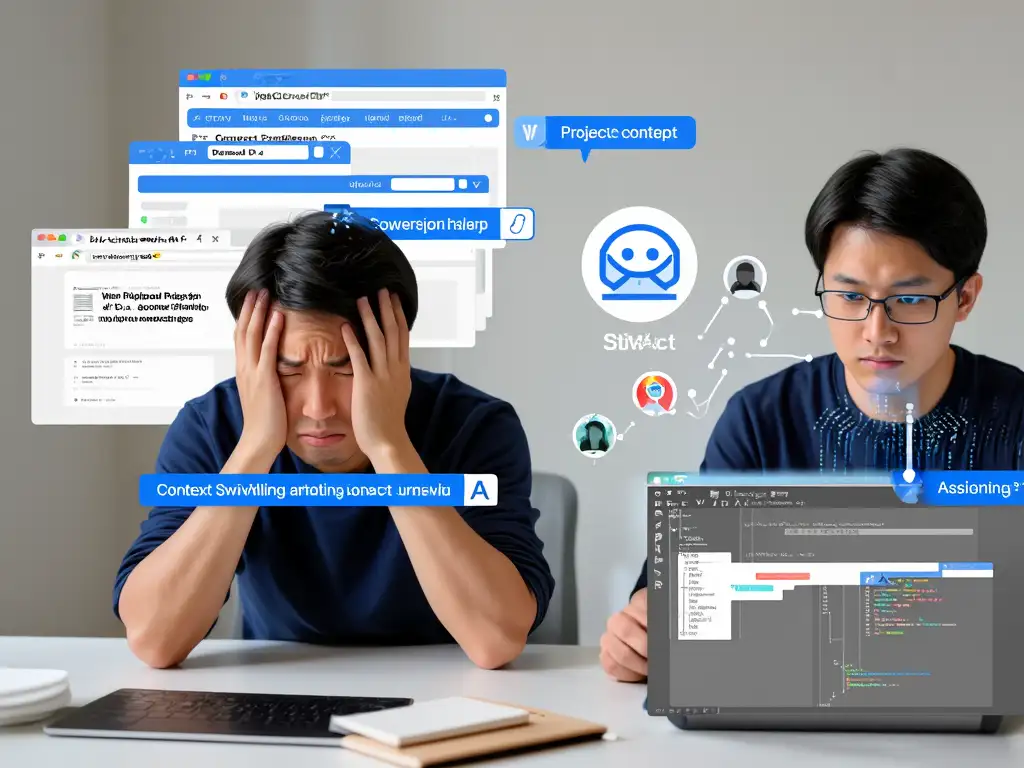다수의 탭과 IDE 사이에서 맥락 전환으로 스트레스를 받는 개발자와, 클로드 통합 IDE에서 효율적으로 작업하는 개발자를 대비하여 맥락 전환 비용 감소를 시각적으로 보여주는 이미지