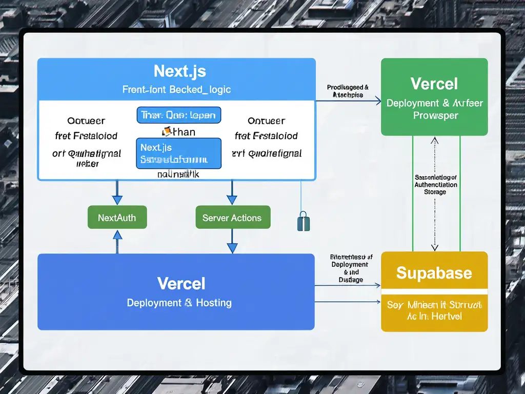 Next.js, Vercel, Supabase, Server Actions, NextAuth가 통합된 현대적인 웹 애플리케이션의 최종 아키텍처 다이어그램.