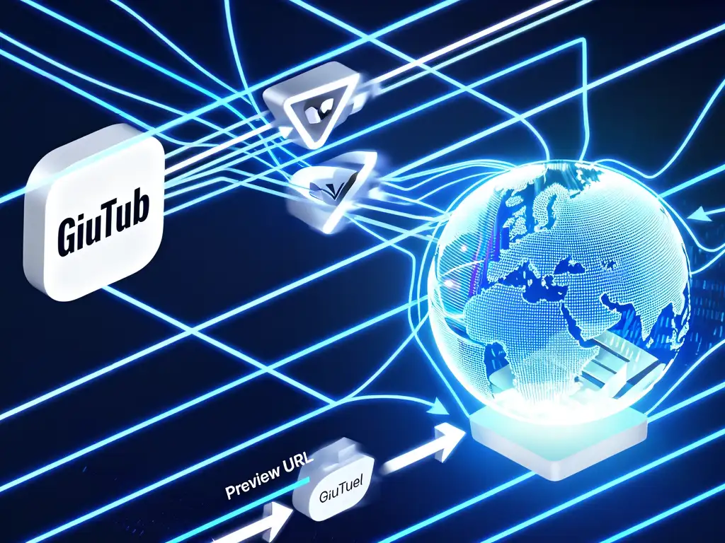 GitHub에서 Vercel을 거쳐 전 세계로 자동 배포되는 CI/CD 파이프라인과 PR 미리보기 기능을 시각적으로 표현한 이미지.