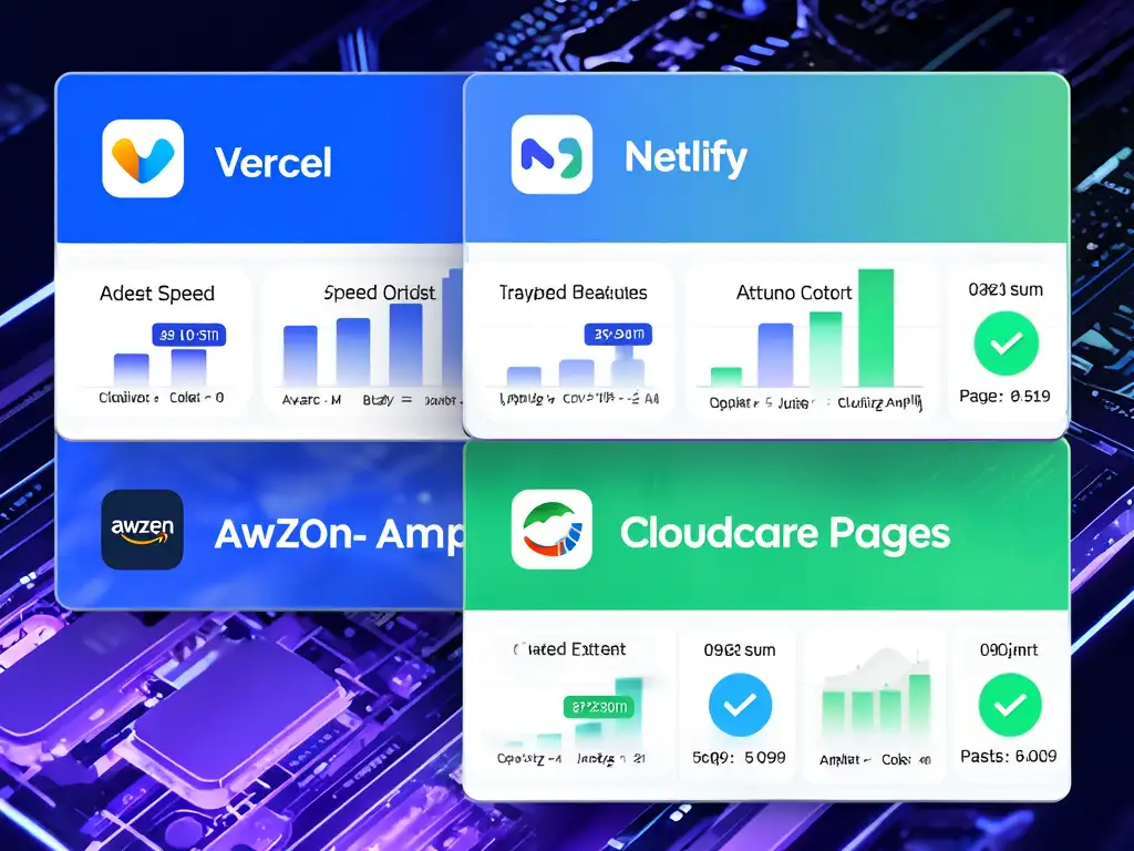 Vercel, Netlify, AWS Amplify, Cloudflare Pages 등 주요 리액트 배포 플랫폼들을 비교하는 현대적인 인포그래픽