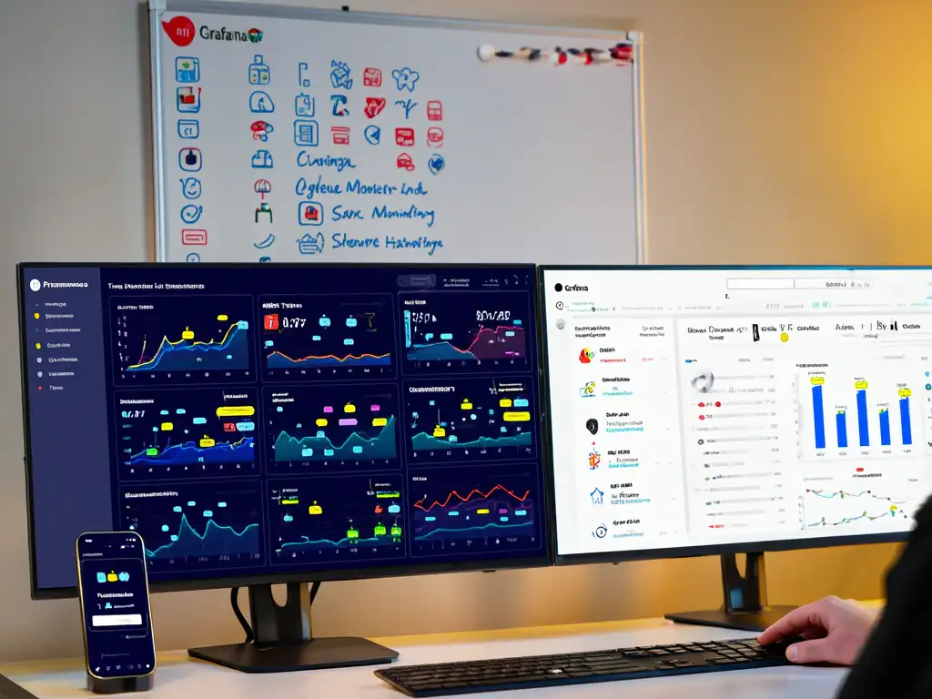 Prometheus/Grafana 대시보드와 Slack 알림을 통해 실시간 모니터링 및 경보 설정을 하는 운영 데스크 장면 이미지