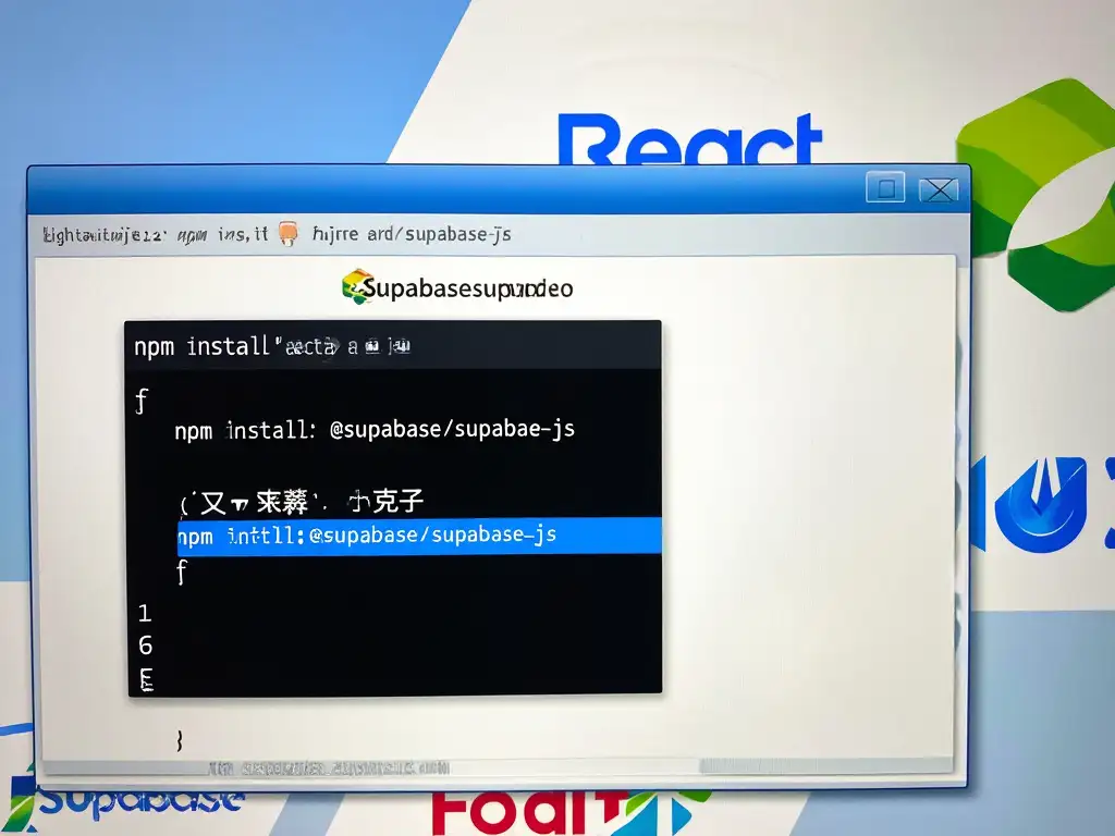 개발자 터미널에 `npm install @supabase/supabase-js` 명령이 실행되는 모습과 React, Supabase 로고가 배경에 있는 이미지.