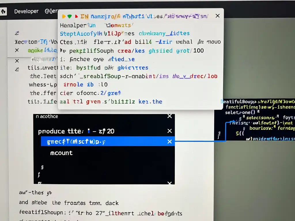웹페이지의 개발자 도구에서 HTML 구조를 검사하고 BeautifulSoup 코드로 특정 데이터를 추출하는 과정을 보여주는 이미지.
