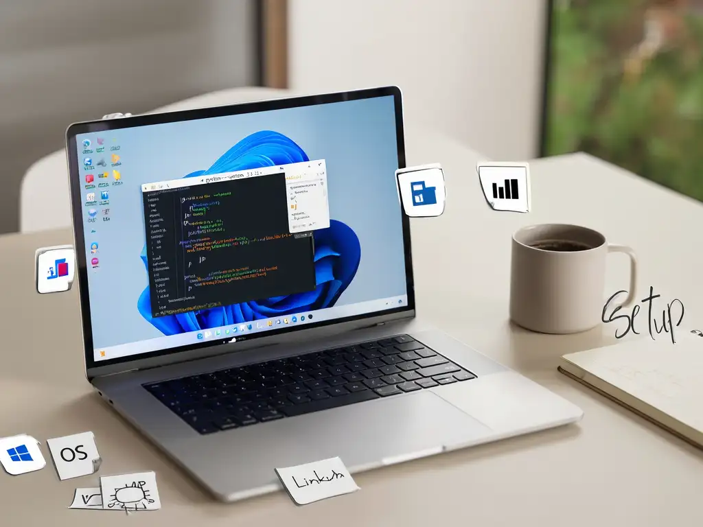 노트북 화면에 Python 3.12+ 버전 출력과 venv 활성화 명령이 보이는 설치·환경 세팅 책상 풍경
