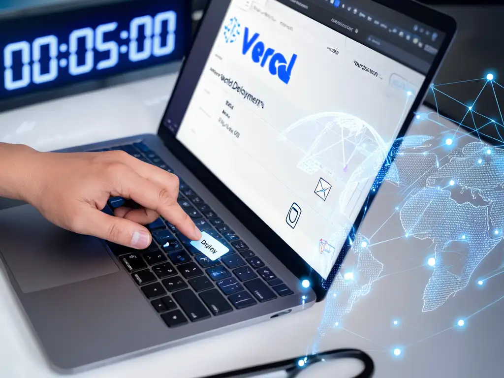 개발자가 Next.js 앱을 Vercel로 빠르게 배포하는 모습, 5분 이내 전 세계 배포를 상징하는 디지털 시계와 글로벌 네트워크 배경.