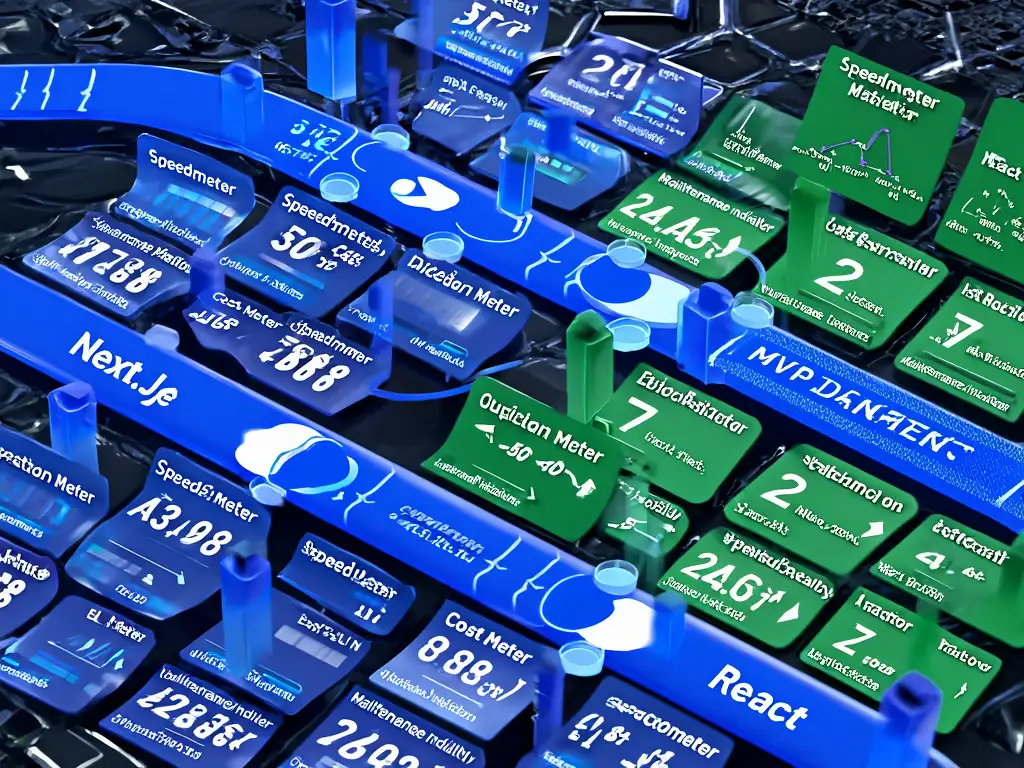 MVP 개발 속도, 초기 개발 비용, 유지보수 비용을 비교하는 Next.js와 React 두 가지 기술 경로를 보여주는 디지털 인터페이스