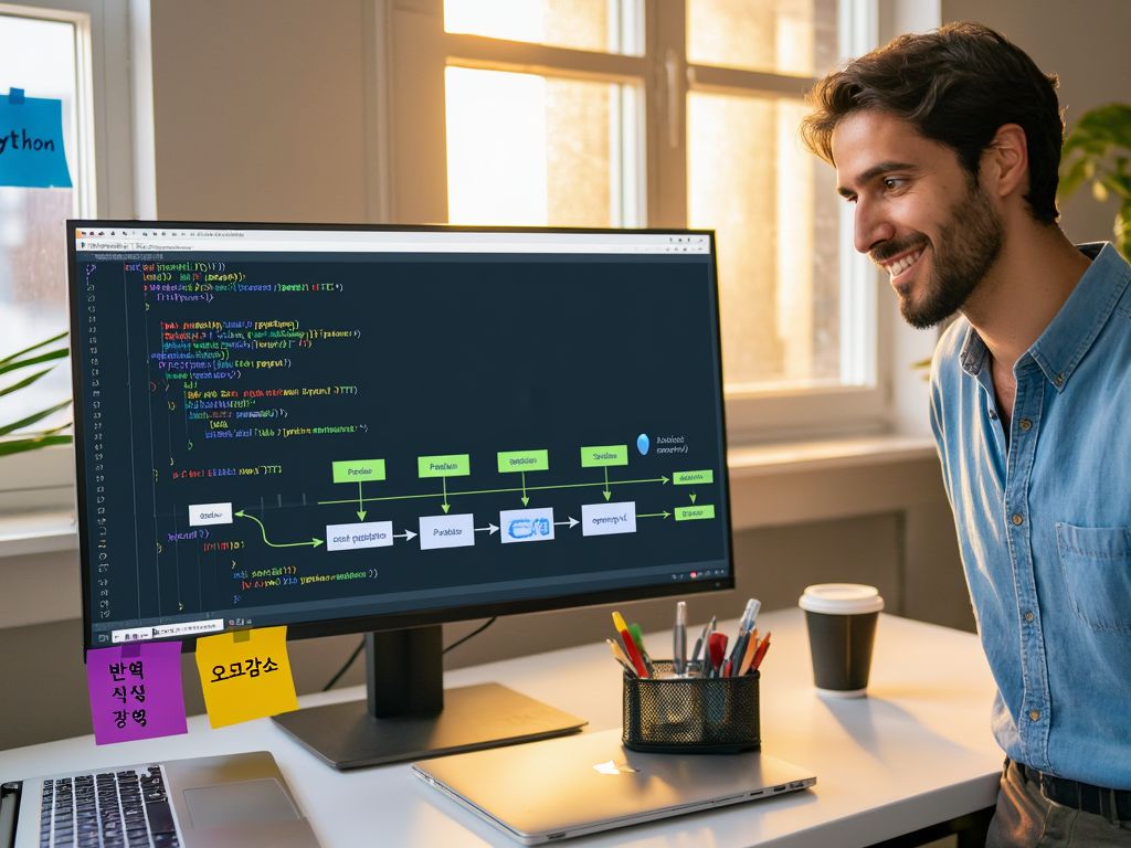 파이썬 자동화 개념을 보여주는 스타트업 사무실 장면. 모니터에 파이썬 코드와 ETL 흐름도, Pandas·Selenium·openpyxl 같은 키워드가 보이고 책상 위 스티커 메모들이 놓여 있음