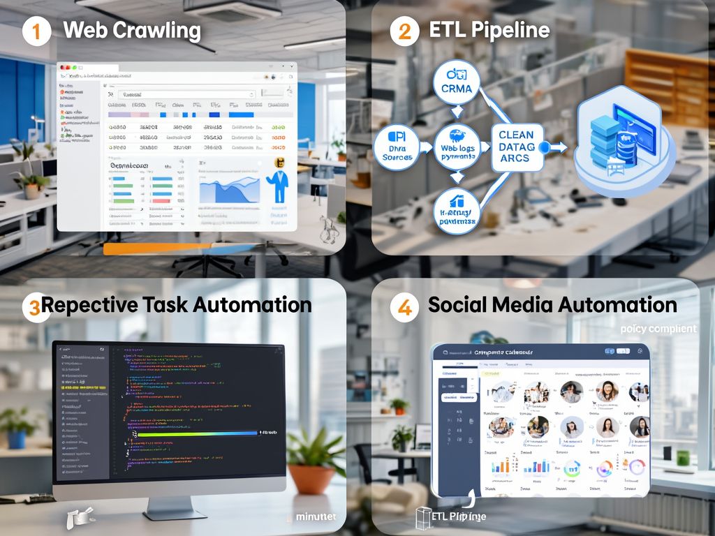 스타트업 맞춤 자동화 사례 4가지를 사분면으로 보여주는 합성 이미지: 웹크롤링, ETL 파이프라인, 반복업무 자동화, 소셜 미디어 일정과 분석