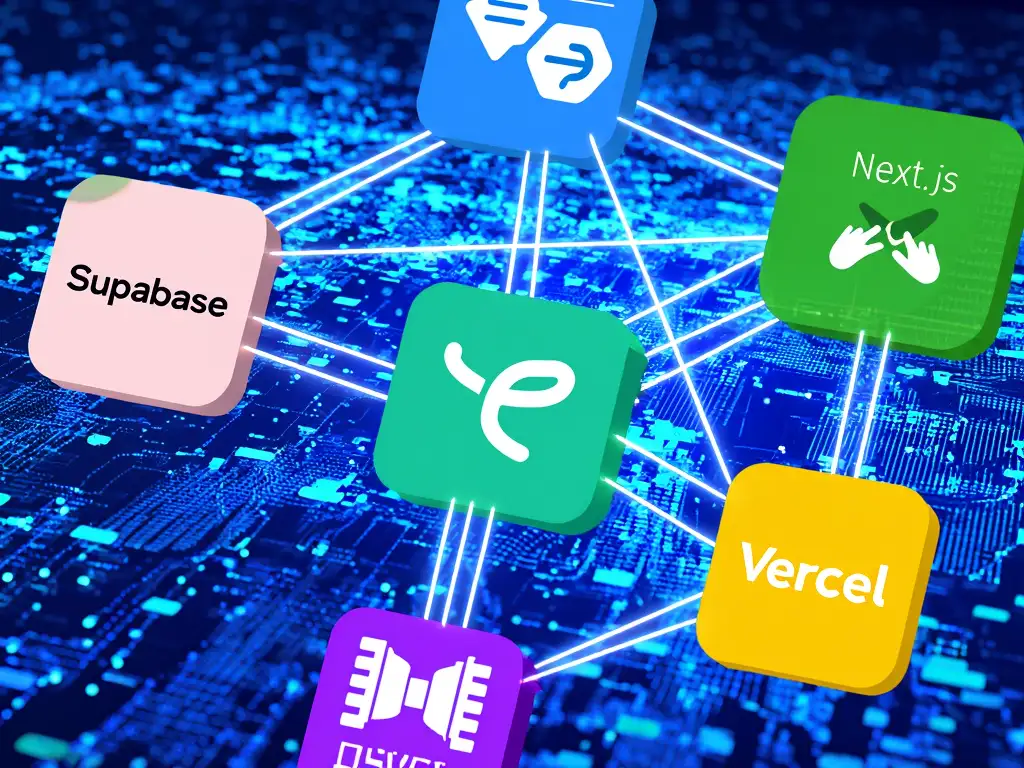 Supabase, Vercel, Next.js 로고가 매끄럽게 연결된 디지털 네트워크 이미지