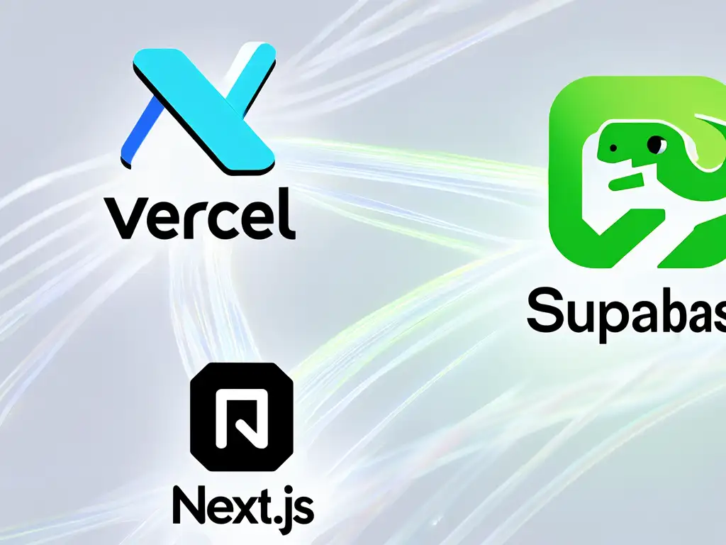 Supabase, Vercel, Next.js 로고가 유기적으로 연결되어 통합된 웹 개발 환경을 상징하는 이미지.